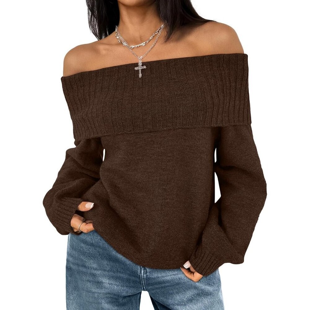 Women's Oversized Off Shoulder Sweater Cozy Knit Long Sleeve Pullover